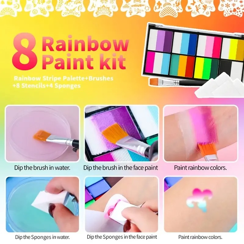 8색 레인보우 페이스 & 바디 페인트 팔레트(브러시 포 - Cosplay Prop Paint 리뷰 및 가격